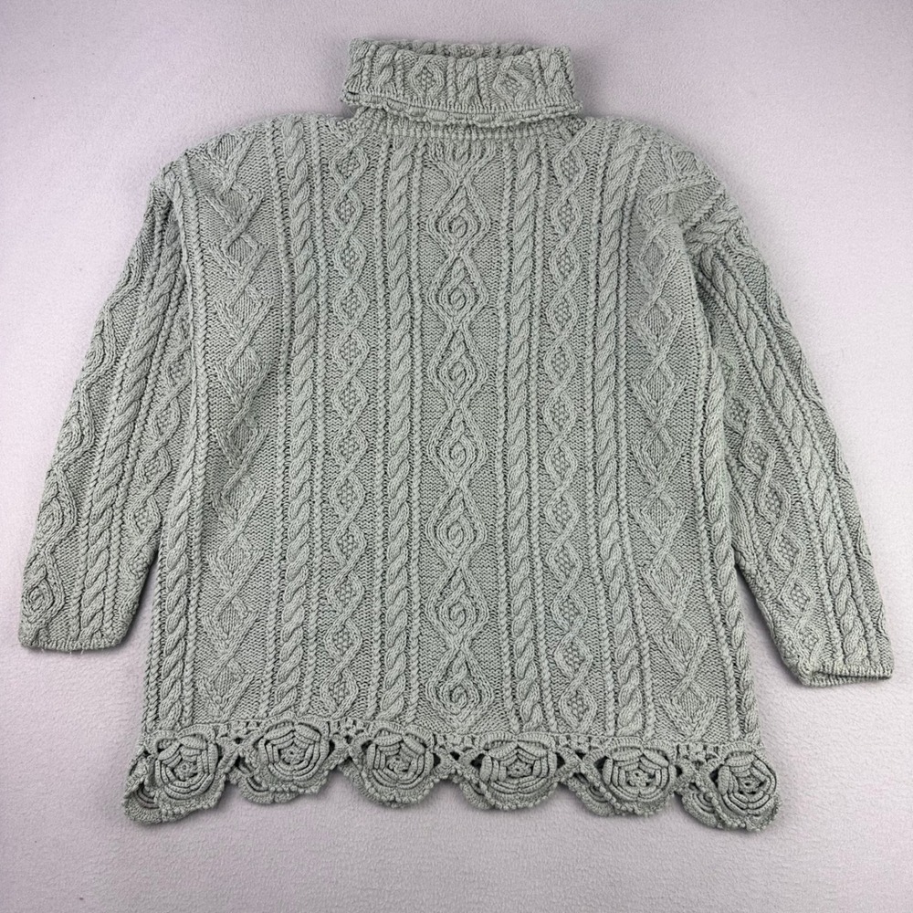 Vintage Handknit‎ Turtleneck Sweater Women XL Grey Cable Knit Floral Hem 90s